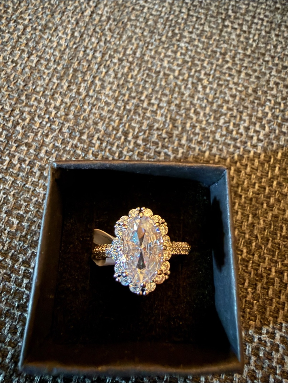 Oval Halo Cubic Zirconia Ring on rhodium